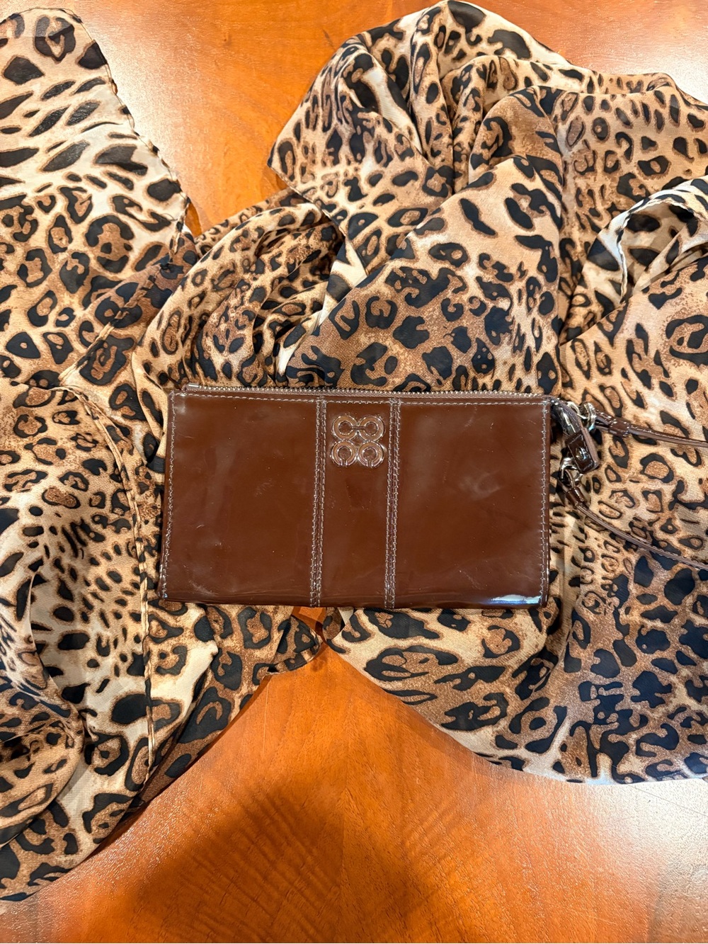 Coach Brown Patent Leather Wristlet with large animal print scarf - Picture 3 of 13